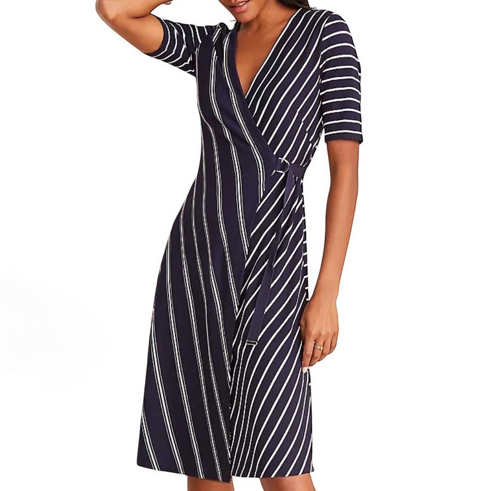 Ann Taylor Navy Blue and White Mixed Stripe Wrap Dress
